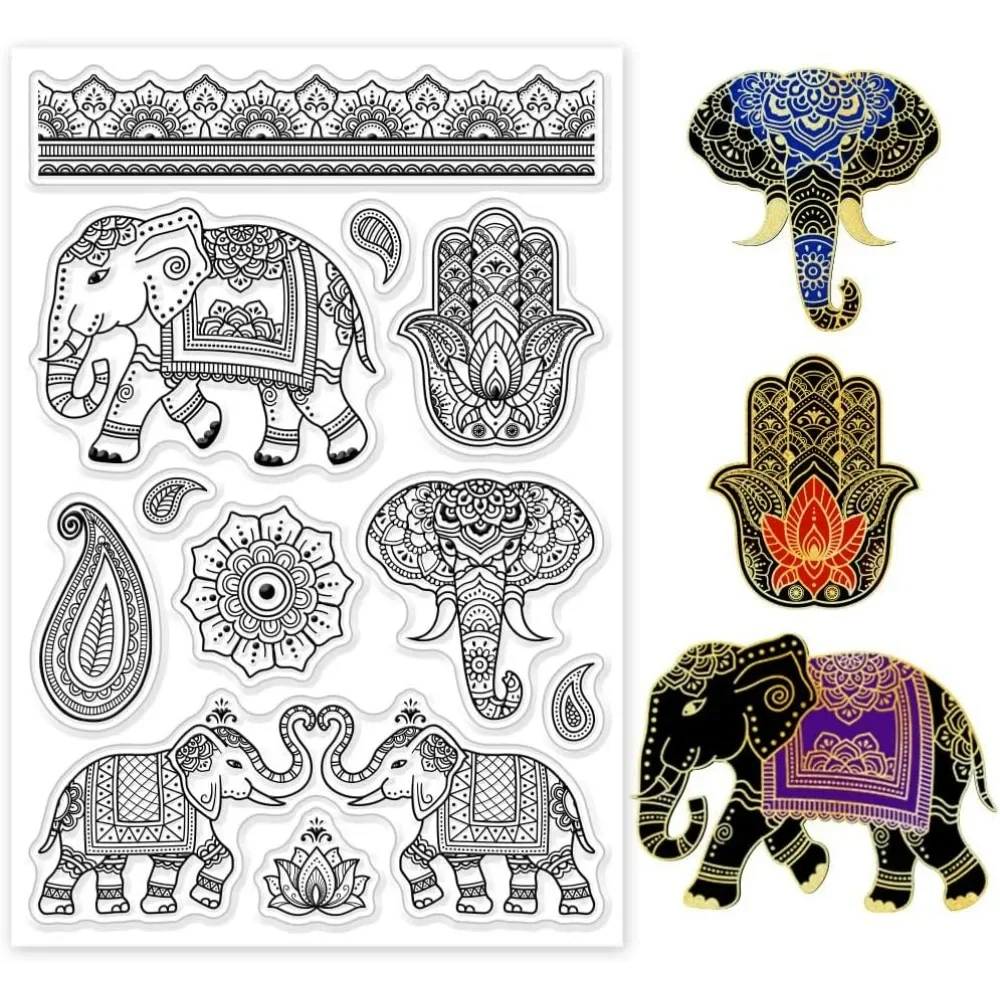 Indyjski słoń przezroczyste znaczki dla majsterkowiczów Scrapbooking Paisley Hamsa wzór pieczątki silikonowe przezroczysty znaczek na karty