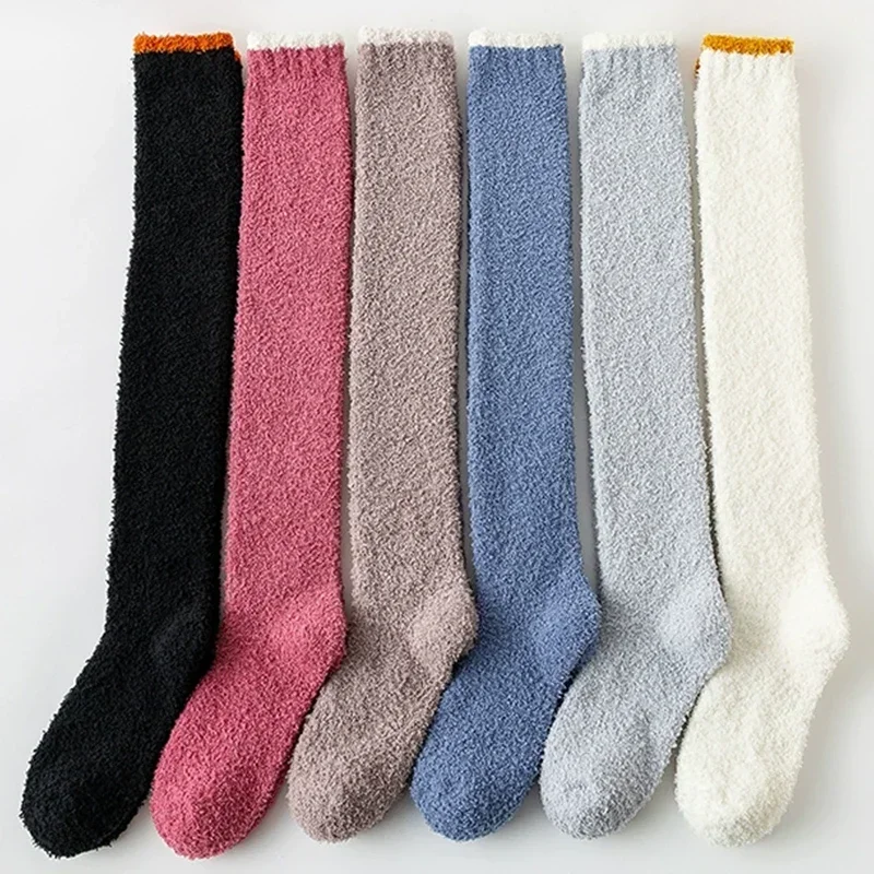 Winter Warme Korallen Fleece Knie Hohe Socken Strümpfe Harajuku Einfarbig Verdicken Warme Lange Socken Indoor Hohe Rohr Schlafen Socken