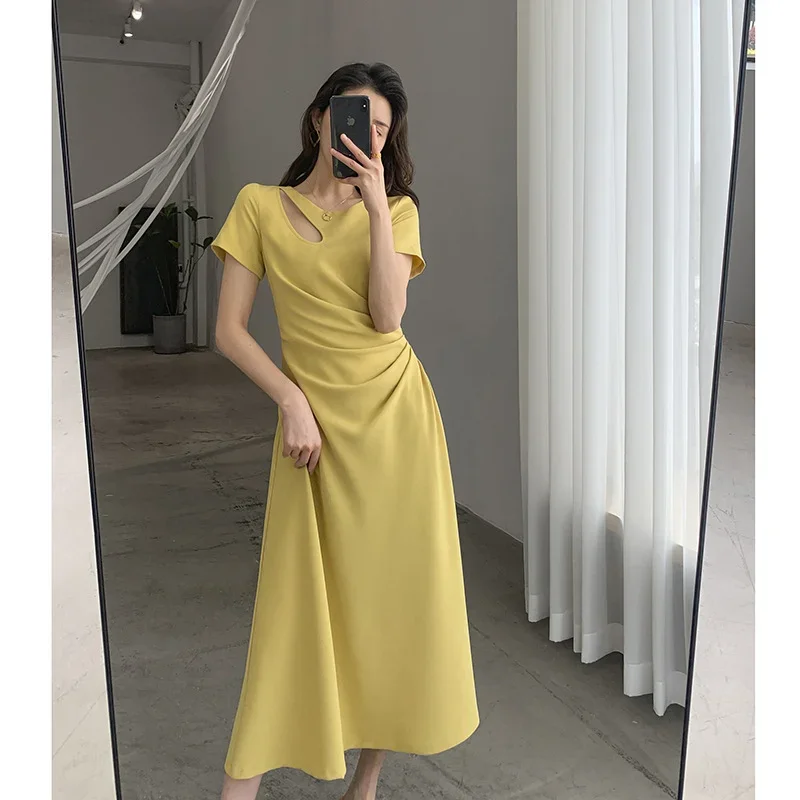 

Trendy Ins Sexy Yellow Dresses Summer Women Hole French Style Waist Slimming Goddess Fan Long Dress A-line Short Sleeve Black