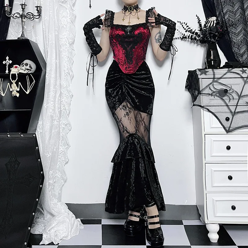 Goth Dark Ruched Vintage Gothic Aesthetic Velvet Skirts Grunge Mesh Splice Sexy Mermaid Skirt Women High Waist Elegant Partywear