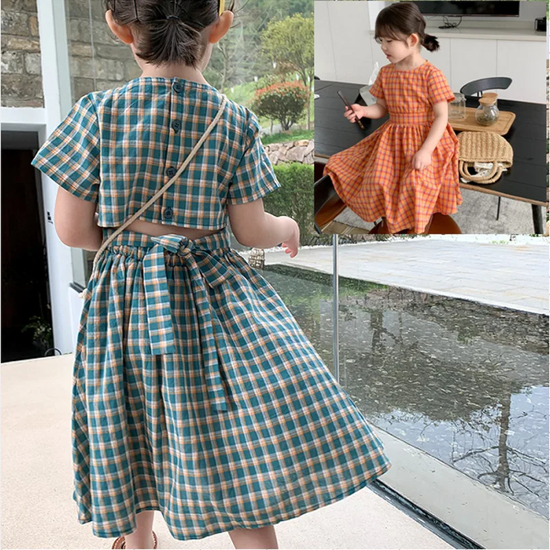 Girls' Plaid Waist Tied Dress Princess Dress 2026 Summer Outfit New Children's Clothing Fashion Kids Skirt