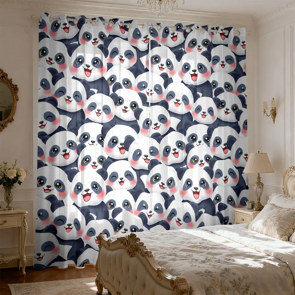 2pcs full-print cute cartoon panda head curtain for bedroom, home fashion decoration and light blocking
