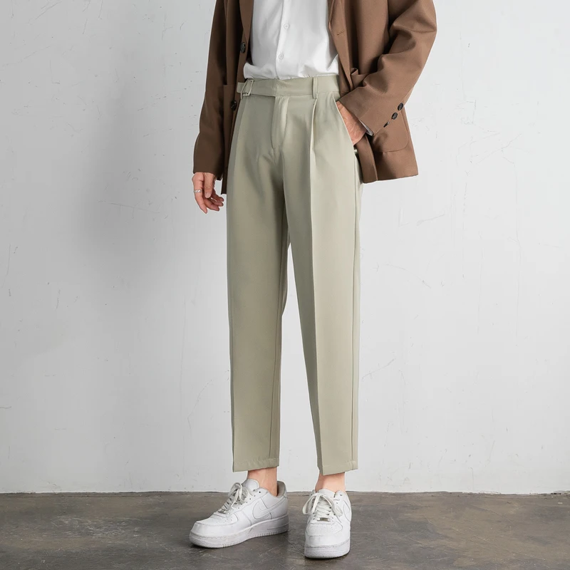 Spring And Autumn Thin Ice Silk Non-iron Casual Trousers Men's British Straight Tube Simple Drape Small Nine-point Suit Pants