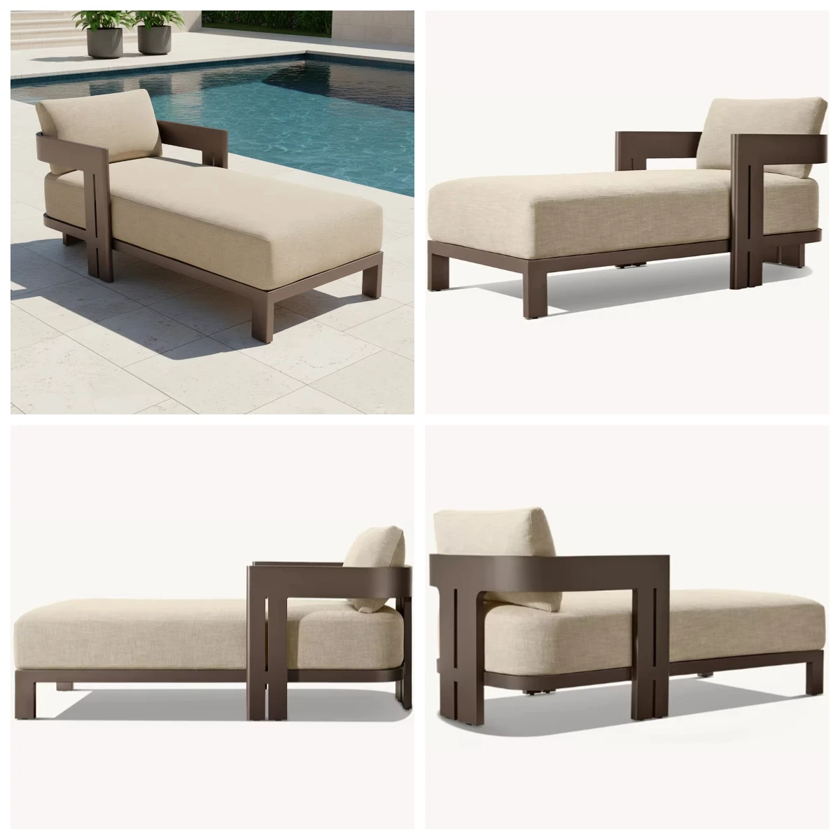 Aluminum Chaise Lounge Chair Deep Bronze Frame Cream Linen Fabric Geometric Modern Design Pool Side Outdoor Furniture