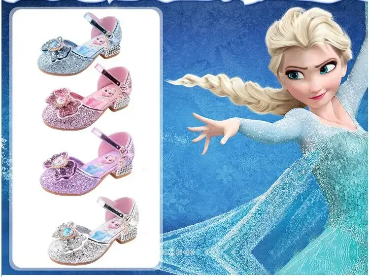 Disney Frozen Elsa Kids High Heels Shoes For Girls Cartoon Leather Children Shoes Princess Shoes Girl Sandals Dress Snow Queen