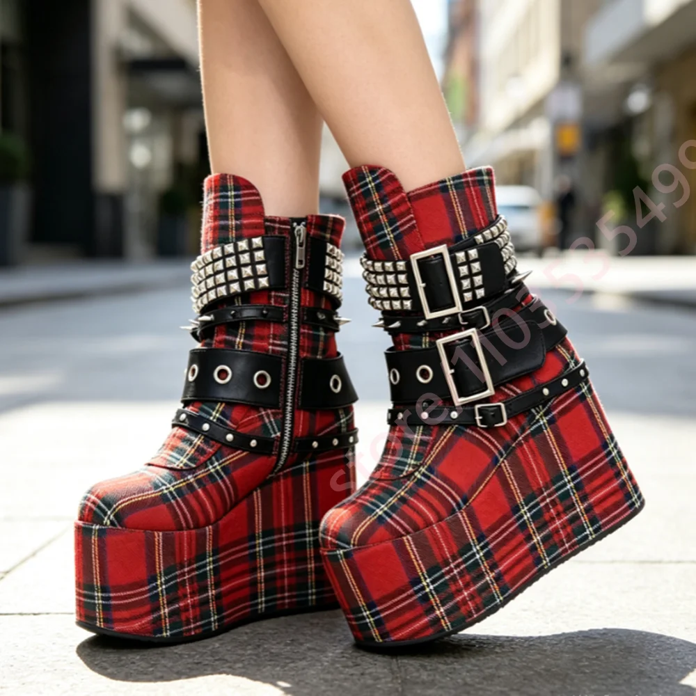 Women Red Plaid Wedge Platform Ankle Boots Multi‑Buckle Stud Spike Decor Side Zipper Punk Gothic Rock Cosplay Party Fashion Boot view 6