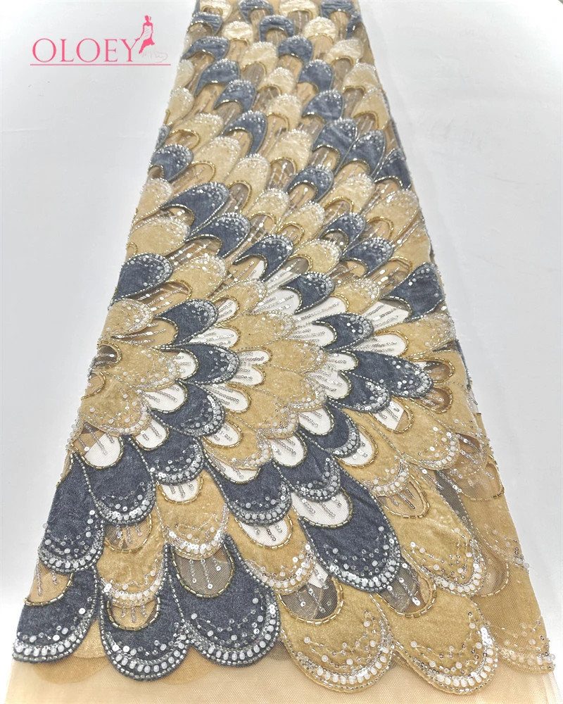 

OLOEYLatest Hot Sale Fashion Africa Lace Fabric High Quality Handmade Embroidery Lace With Beads Sequins Party For Wedding Dress