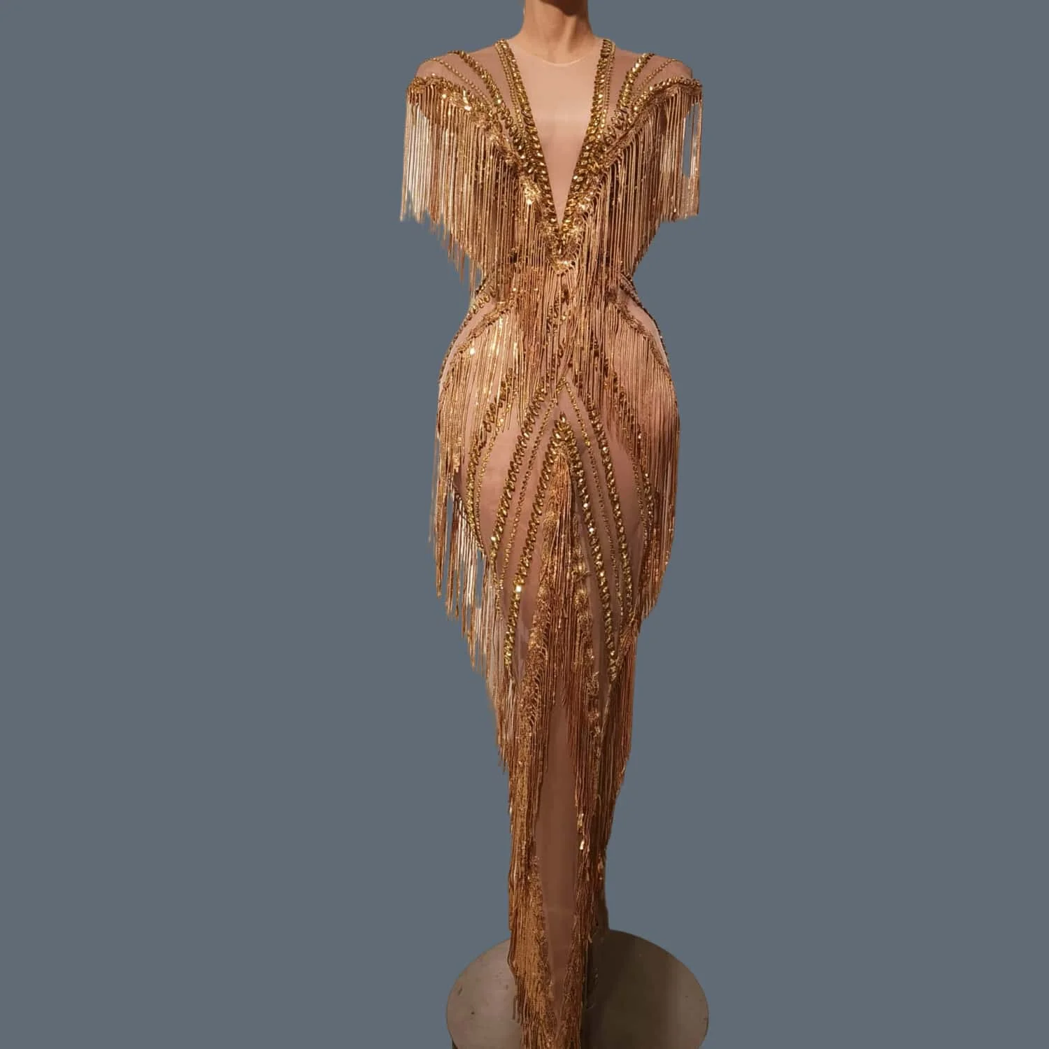 

Gold Sequins Tassel Prom Dress for Women Celebrate See Through Mesh Rhinestone Sparkly Dress Club Party Dance Show Wear Shexian