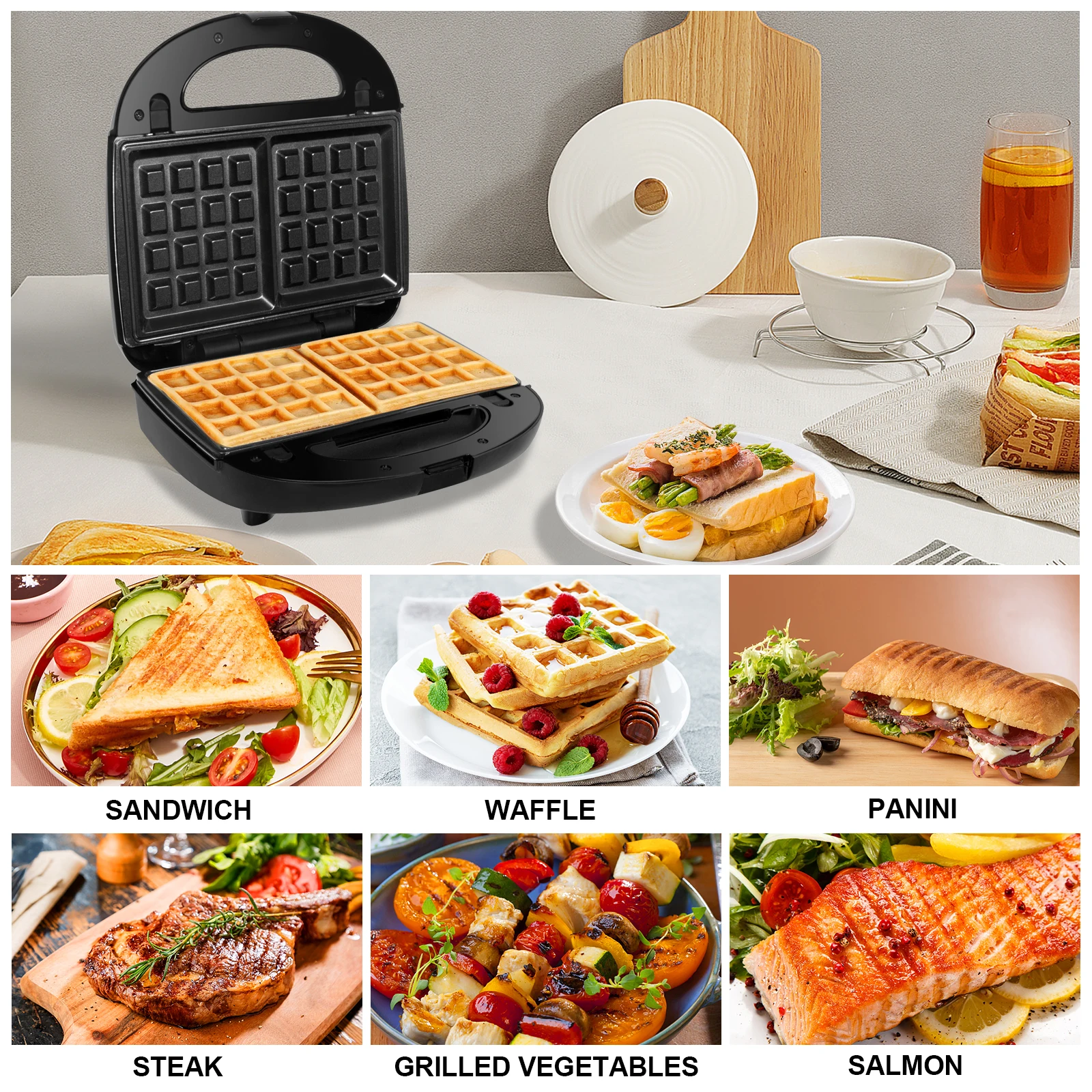 Multifunktionsgerät 3-in-1,Sandwichmaker, Waffeleisen, Kontaktgrill spülmaschinengeeignete &