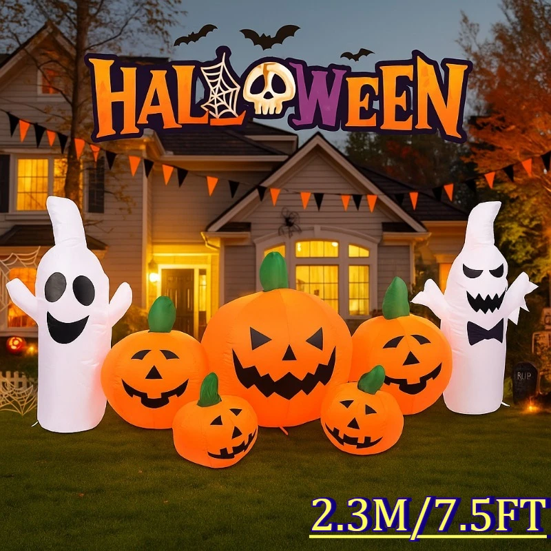 Modelo inflable de 7,5 pies, decoraciones navideñas al aire libre, bebida de calabaza fantasma blanca, decoración de fiesta de terror de Halloween para interiores