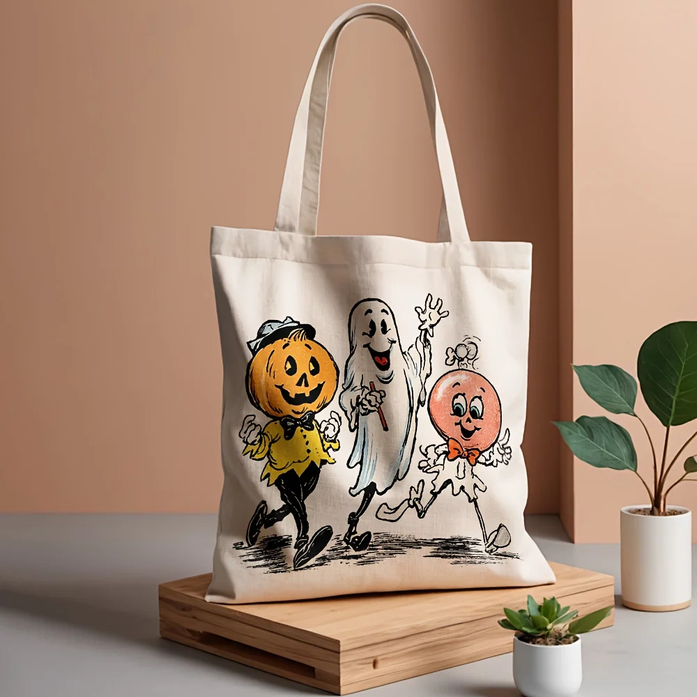 Large Halloween Tote Bag with Ghosts Jack-O'-Lanterns Candy Corn - Spooky Grocery Shopping Bag Fashion Handbags Gifts