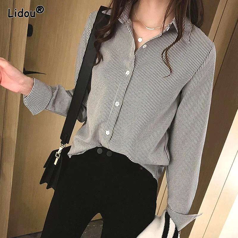 Office Lady Turn-down Collar Button Straight Loose Long Sleeved Fashion Shirts Spring Autumn Blouses Wild Women\'s Clothing 2022