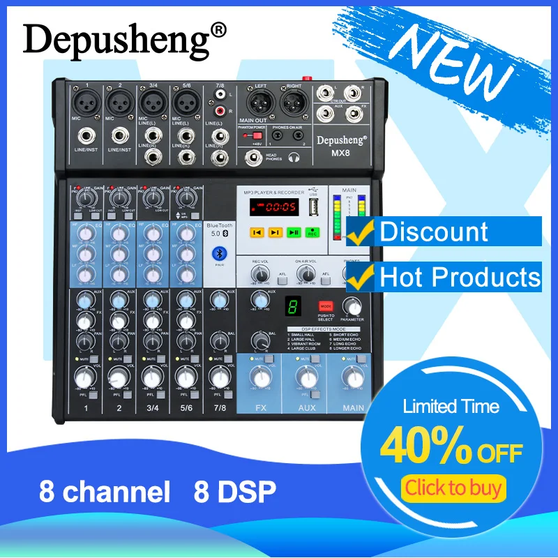 Mixer Audio Depusheng MX8 Sound Board DJ Console 8-Channel Mixing Controller W/ 3-Band EQ USB Recording Interface Bluetooth 48V