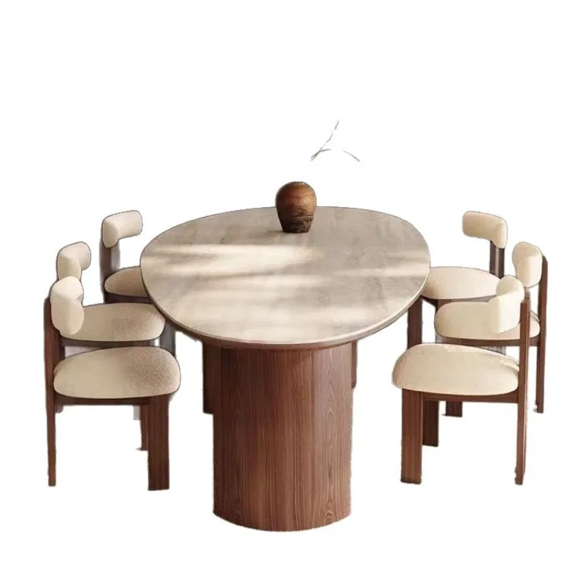 

water drop-shaped travertine rock slab dining table walnut solid wood home retro silent wind solid wood dining table
