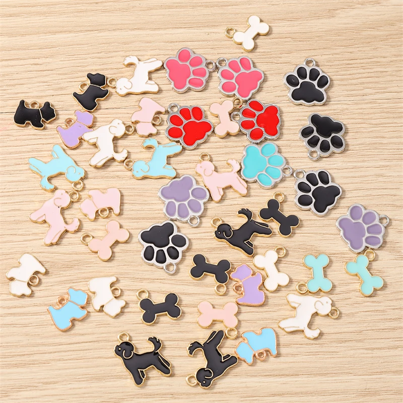 10 Stück Niedliche Emaille-Hundeknochen-Fußabdruck-Anhänger für Schmuckherstellung, Ohrringe, Halsketten, Armbänder, DIY-Bastelzubehör