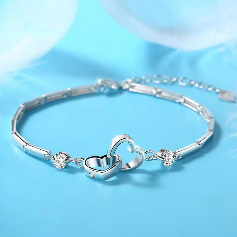 Wholesale Charms 925 Sterling Silver Bracelets Bangles for Women Valentine\'s Days Lover Zircon Wedding Heart Jewelry