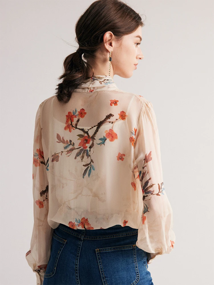 Birdtree-camisa Floral para mujer, blusa elegante con cuello de lazo de seda 40%, Top de otoño (tirantes gratis), T38137QD