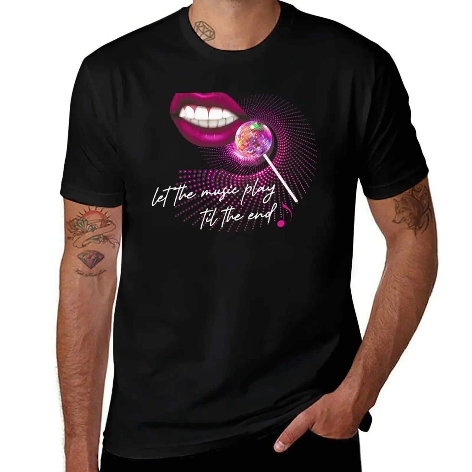 Let The Music Play Til The End Pink Lips Mirrorball Lollipop Microphone Music Note Trustfall T-Shirt