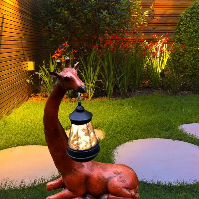 Solar Outdoor Garden Statue Decorative Giraffe Figurines With Solar Lantern Creative Resin Lighted Garden Decor Funny Ornament