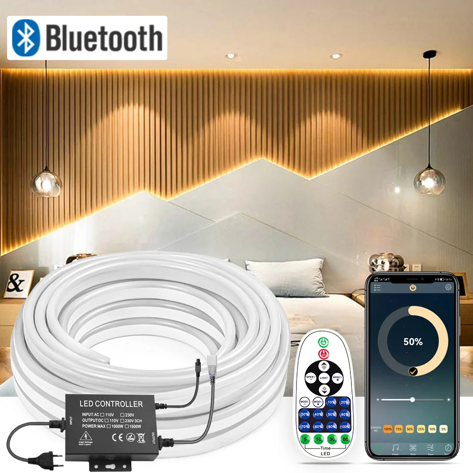 

Белый/теплый белый 220 В неоновая светодиодная лента TUYA WiFi, Bluetooth. Дистанционная вилка европейского стандарта Водонепроницаемая уличная домашняя светодиодная лента