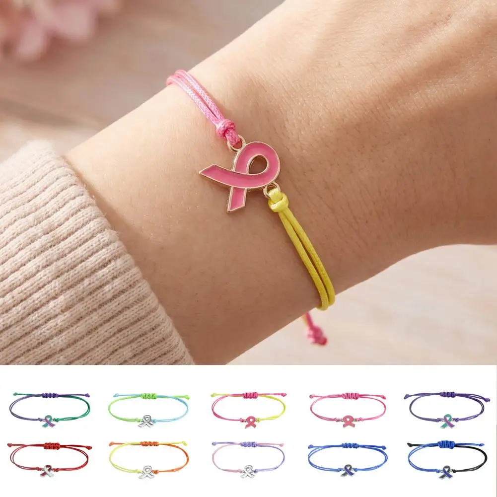 Unisex Cord Bracelet 2 Pcs Breast Cancer Awareness Bracelets Adjustable Braided String Bands with Ribbon Charms for Women