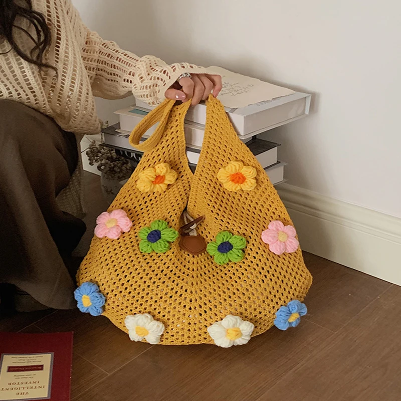 

New Fashionable Floral Basket Weave Shoulder Bag for Women Fresh Countryside Style Casual Ladies Backpack Handbag