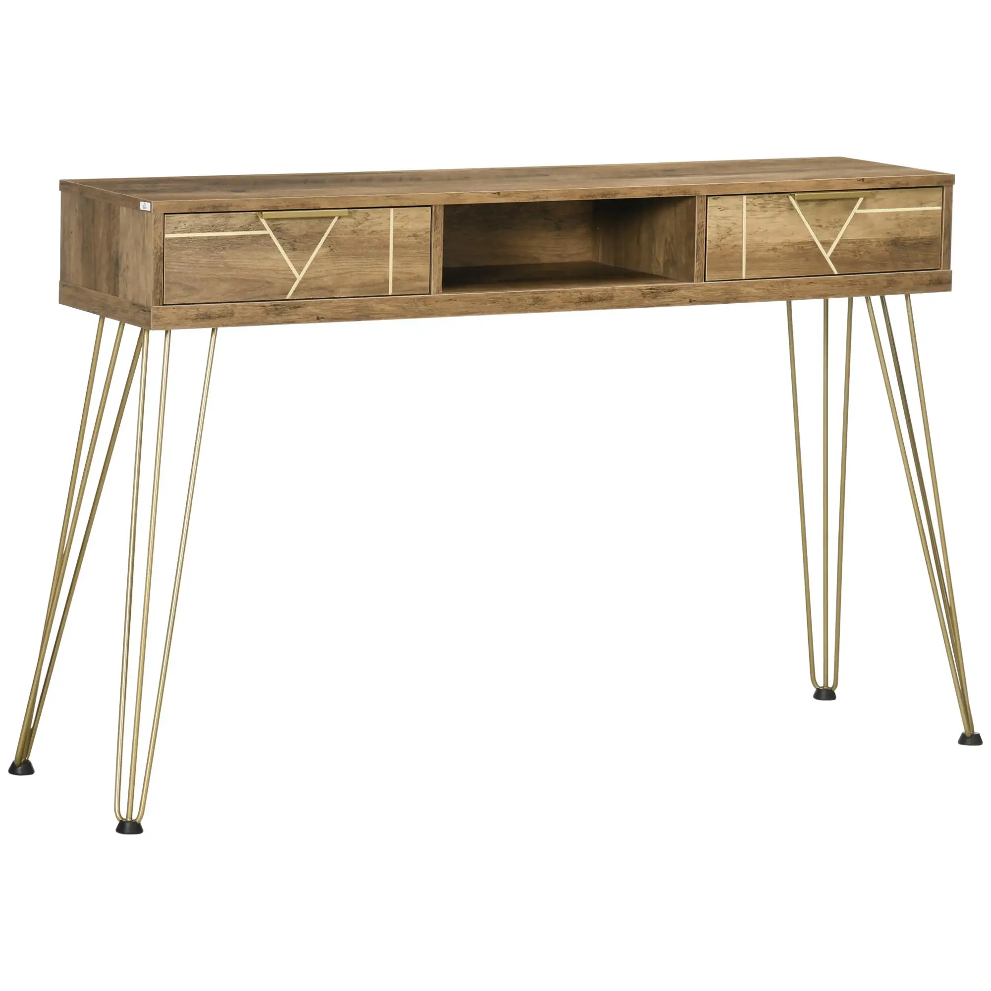 Table console 120x79cm avec 2 tiroirs et plateau amovible. Meuble de rangement au design géométrique marron avec pieds en métal pour salon ou entrée
