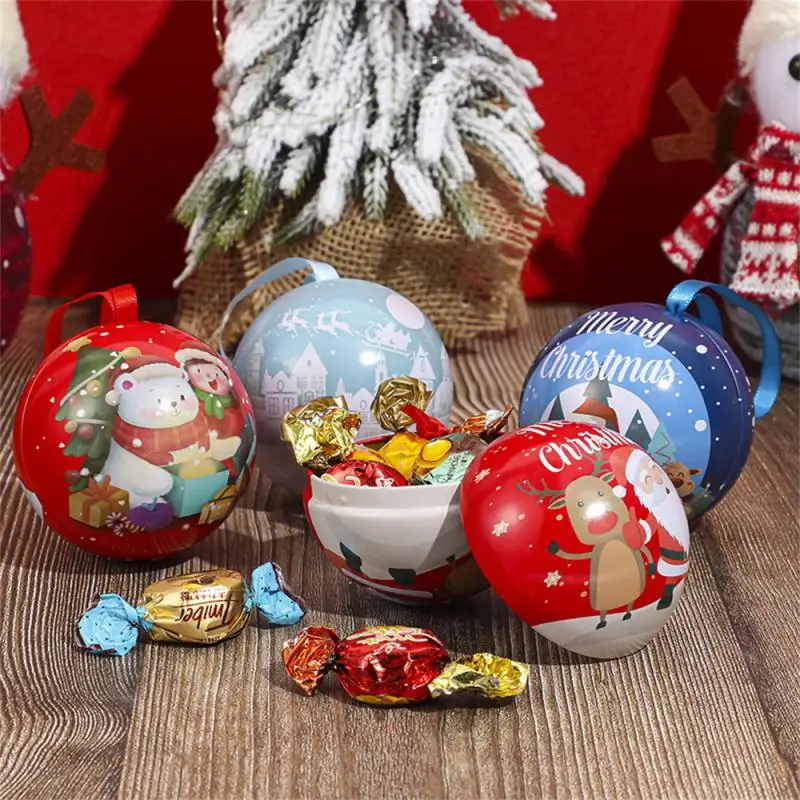 Christmas Candy Box Tin Ball Candy Can Gift Packaging Box Printing Round Ball Shaped Mini Box Kids Gift Tree Hanging Supplies