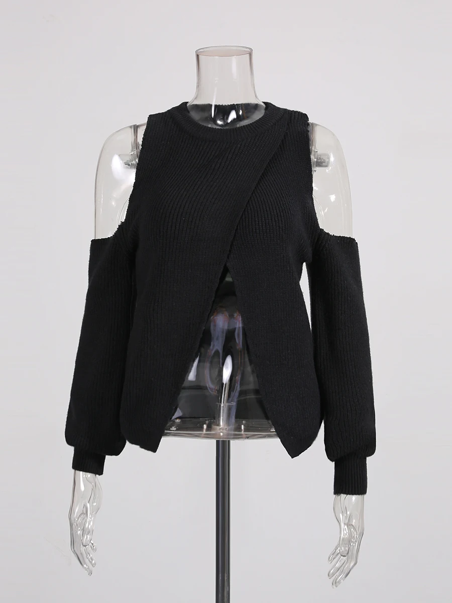 TWOTWINSTYL Solid Slimming Fashion Sweaters for Women Round Neck Off Shoulder Sleeves Split Minimalist Sweater Female Clothing