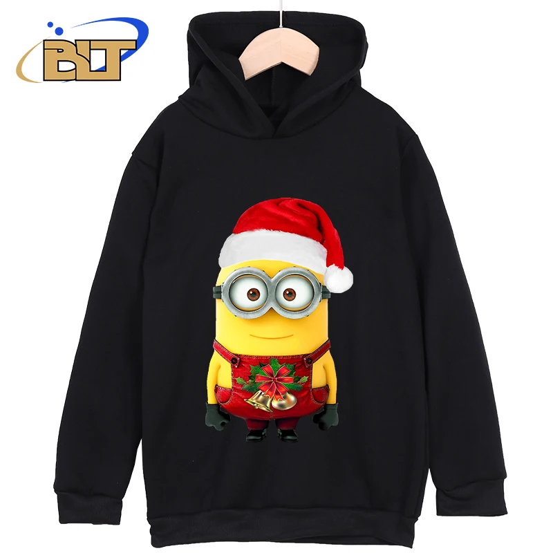 Minions Ropa infantil con estampado navideño Nuevas sudaderas con capucha para niños Tops casuales negros Ropa deportiva clásica adecuada para niños y niñas