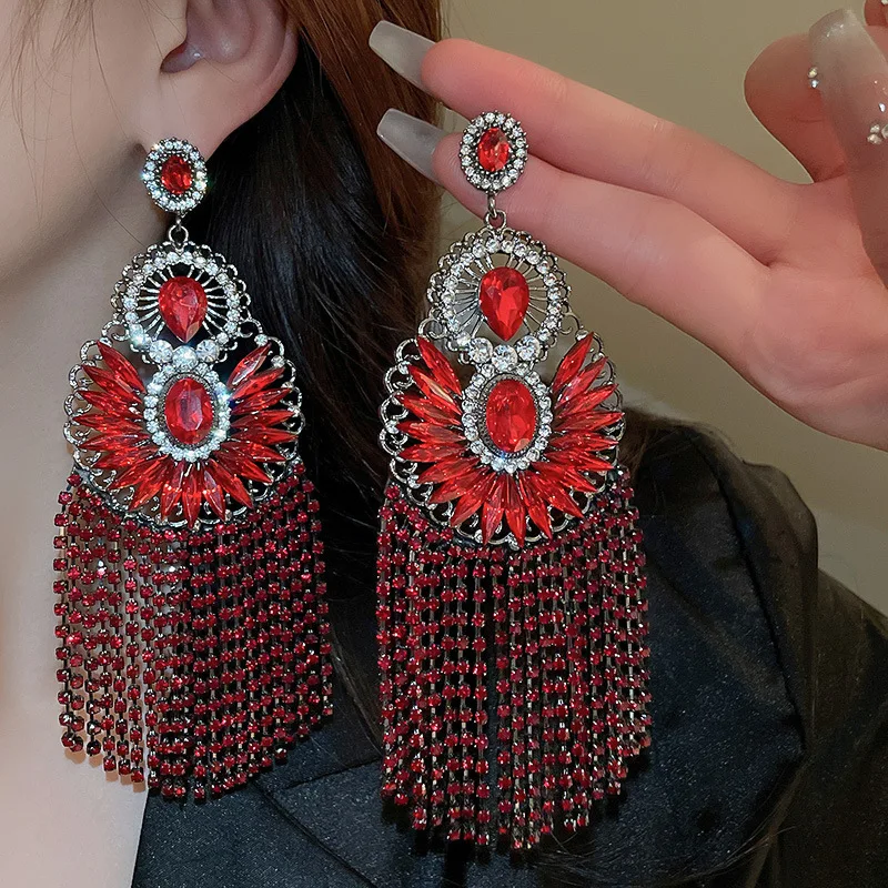 FYUAN Vintage Silver Color Flower Crystal Drop Earrings for Women Oversize Long Tassel Red Rhinestone Earrings Weddings Jewelry