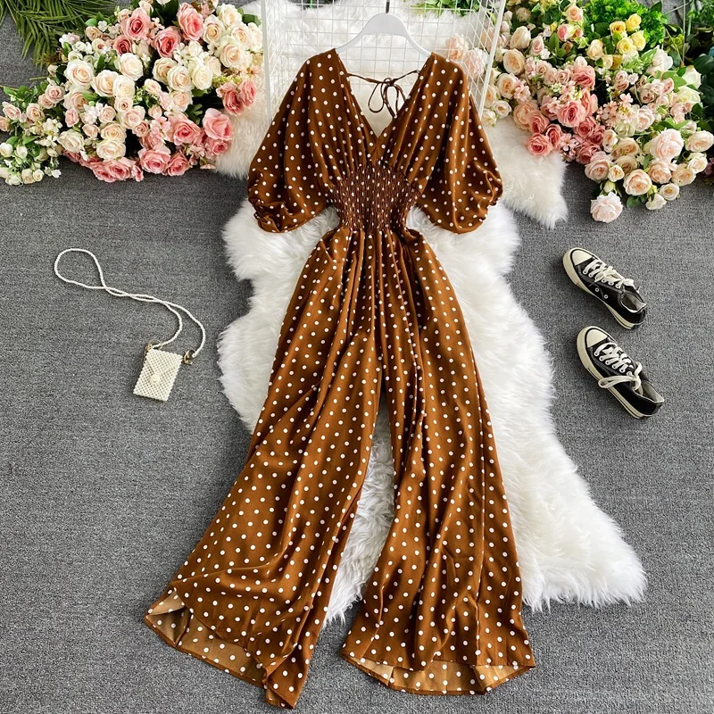 V Neck Sexy Dolman Sleeves Waist Slim Polka Dot Print Jumpsuit Women Wide Leg Trousers Jumpsuit