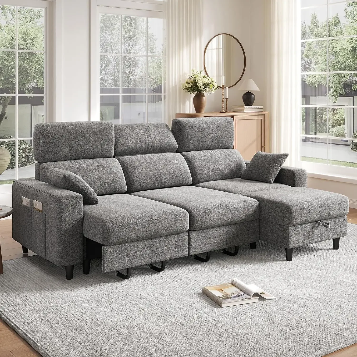99 inch Sectional Modular Sofa with 33'' Extendable Seat Depth, Storage Space & Side Pocket, Pull Out Couch Bed, Customized
