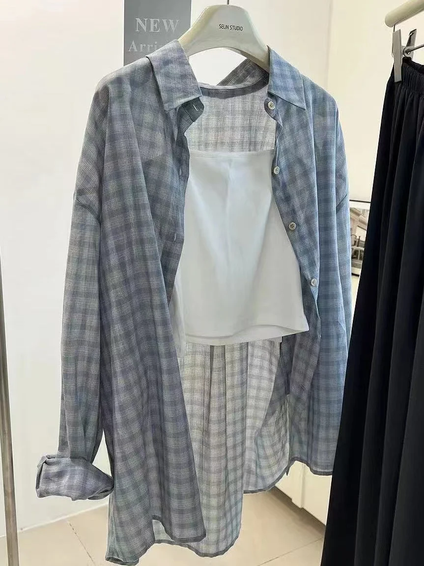 Retro Blue Plaid Flocking Women's Long Sleeve Cotton Shirt Spring Autumn Lazy Design Coat Style Top Korean Loose Fit Button down