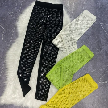 2024 Leggings lavorati a maglia da donna primavera autunno di alta qualità diamanti pieni pantaloni Skinny elasticizzati con perforazione a caldo Leggings Slim alla caviglia