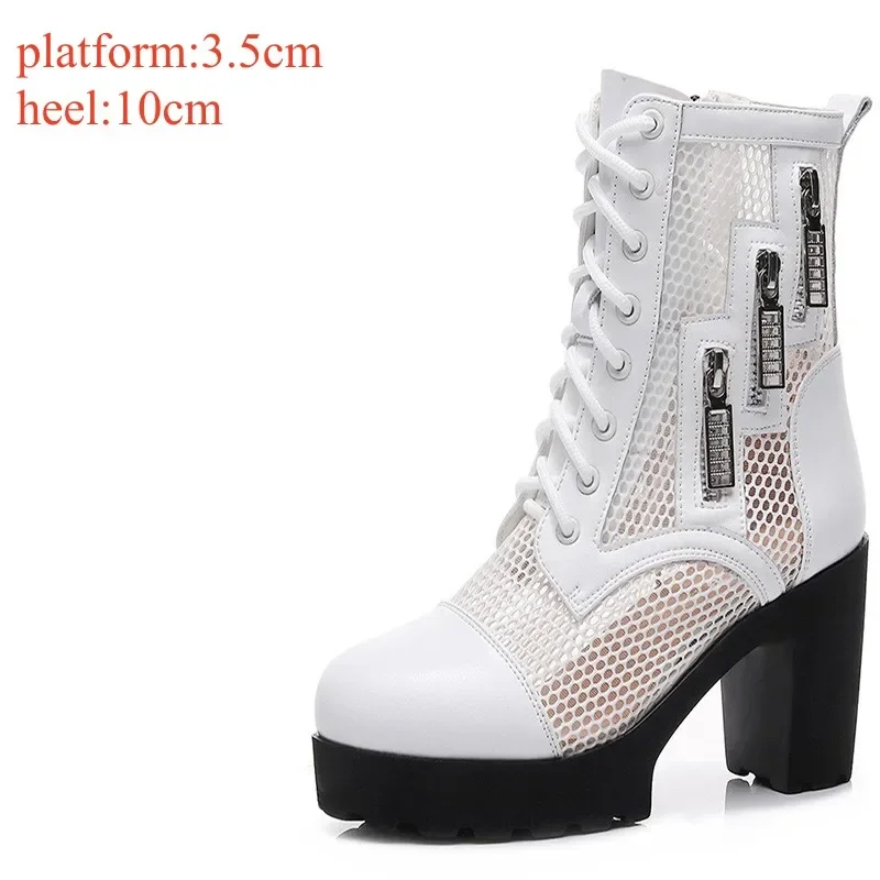Small Size 32-43 Breathable Mesh Cutout Leather Boots Women\'s Platform Sandals Summer 2024 Block High Heels Ankle Boots Model