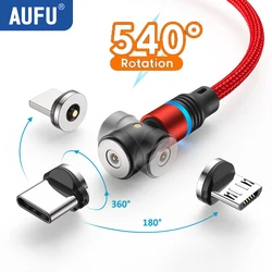 AUFU LED Magnetic USB Cable For iPhone Xiaomi Samsung Type C Cable USB Charging Data Charge 540 Rotate Micro USB Cable Cord Wire