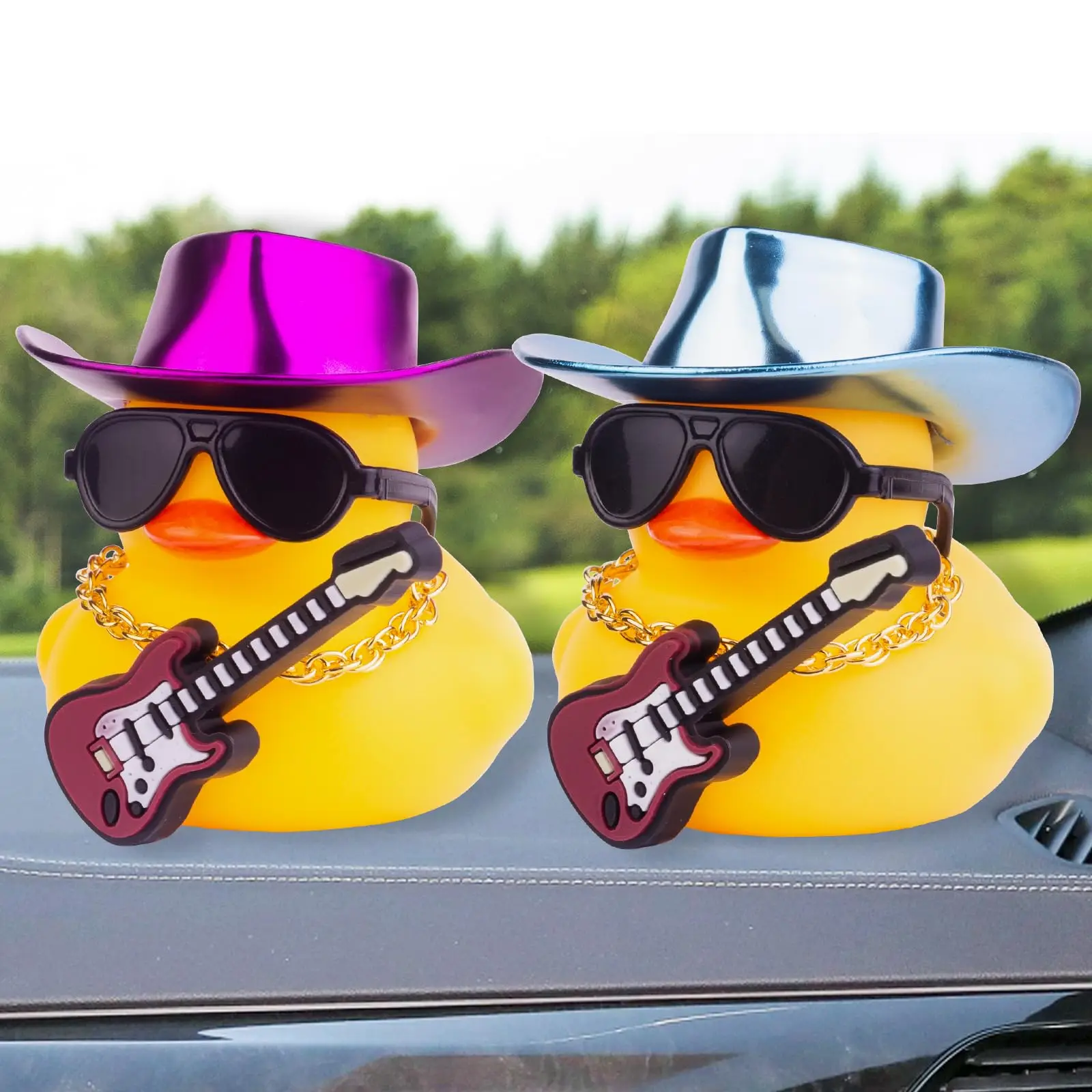 Car Yellow Rubber Duck, Duck Dashboard Decoration with Cowboy Hat Necklace Sunglasses Mini Musical Instrument for Car Dashboard