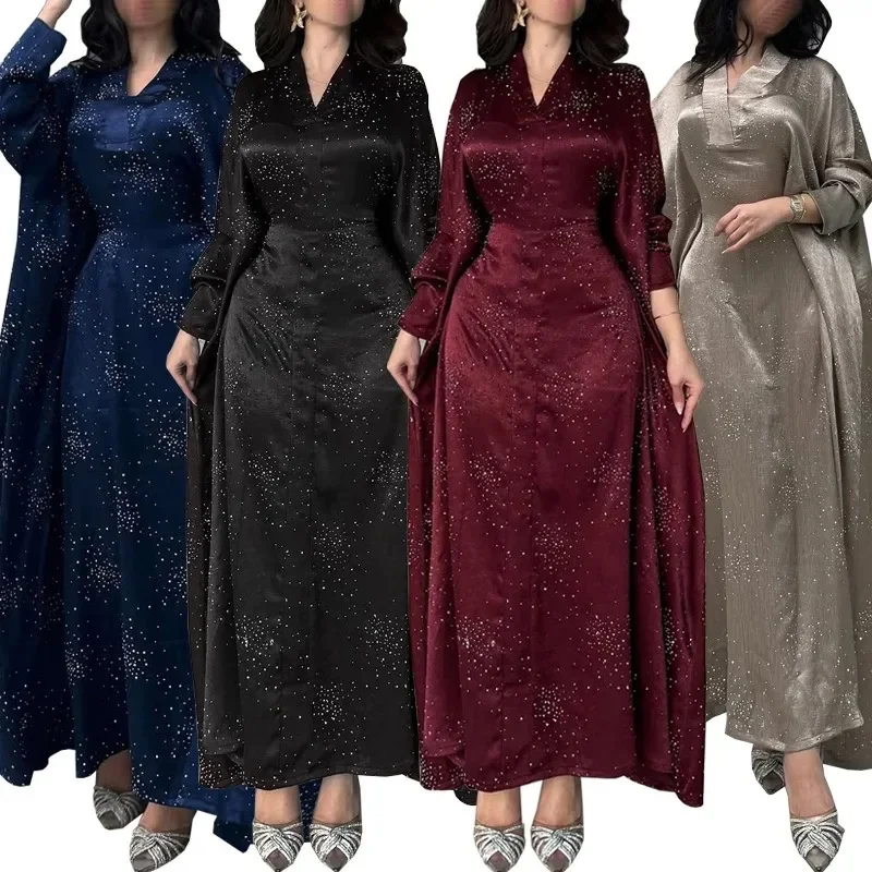

Eid Muslim Abaya Women Diamond Dress Party Night Ramadan Arab Dubai Dresses Kaftan Vestidos Largos Long Robe Jalabiya 2025