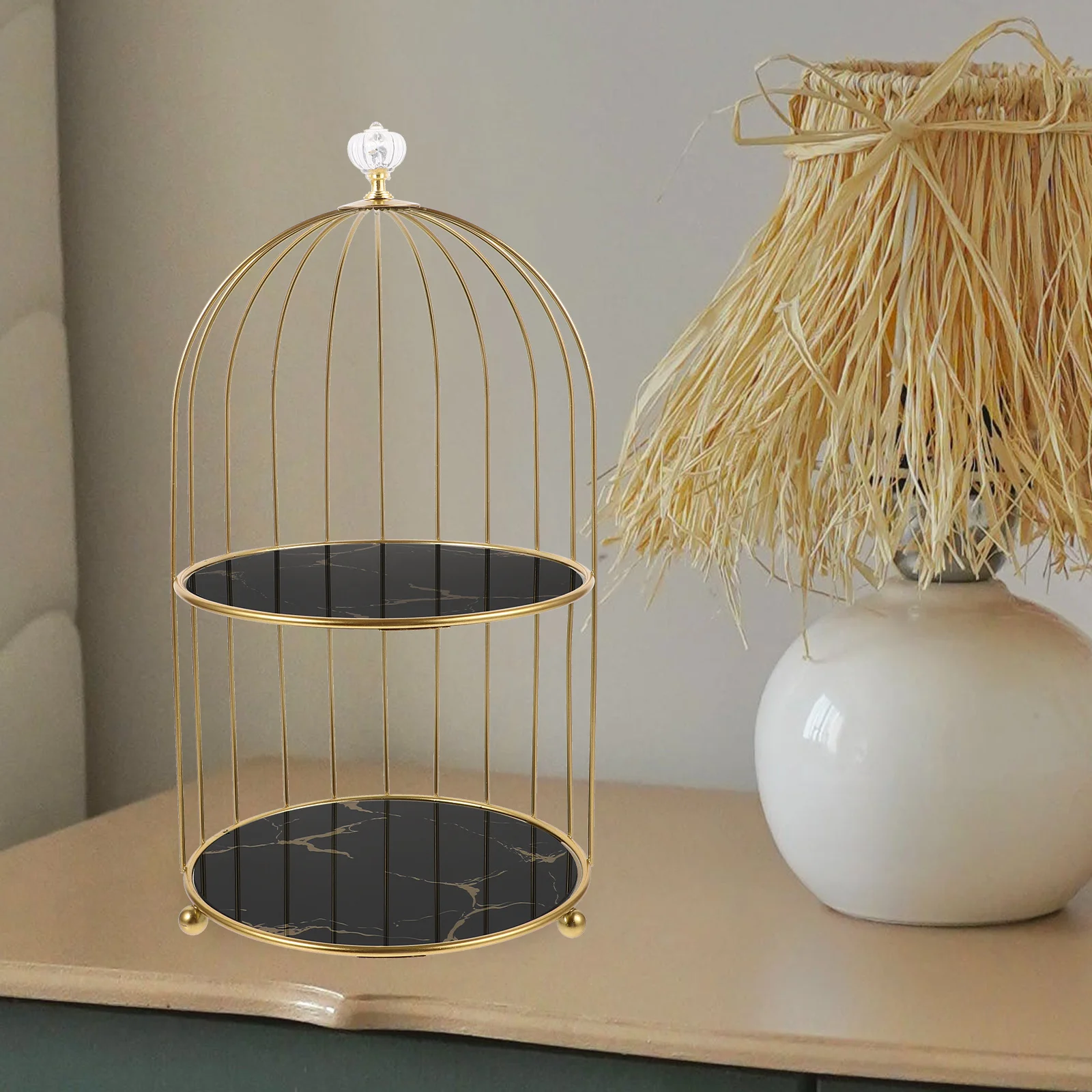 

Bird Cage Makeup Organizer Rack Double Tiers Desktop Rack for Perfume Essence Lotion Storage Vanity Organizer