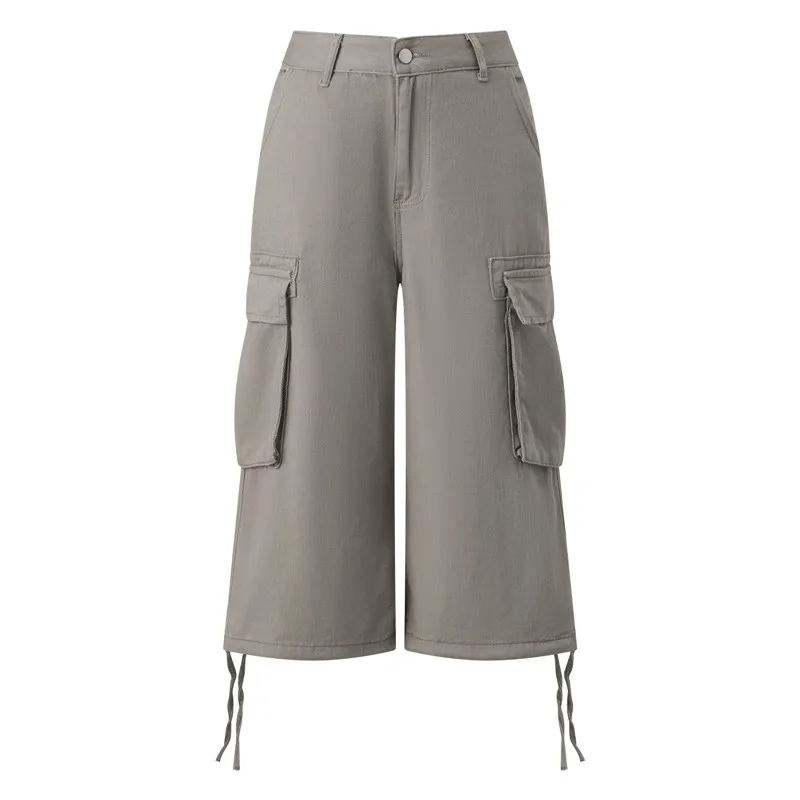 Women Y2K Cargo Bermuda Shorts Low Waist Drawstring Hem Loose Fit Multi Pocket Aesthetic Camouflage Denim Shorts Streetwear