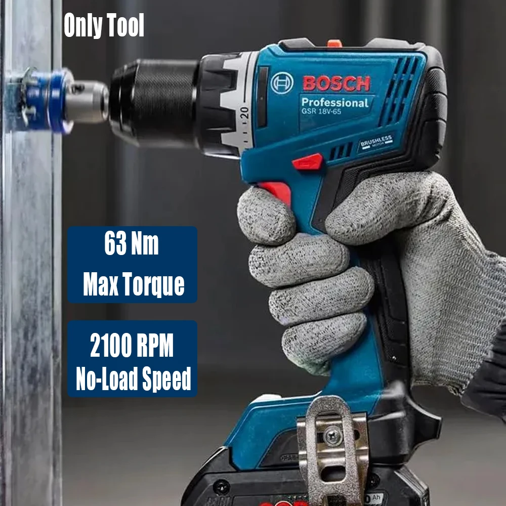 Bosch GSR 18V-65 Brushless Electric Drill 63Nm High Torque Dual-Speed ​​Adjustment Anti-Backlash Woodworking Repair Power Tool