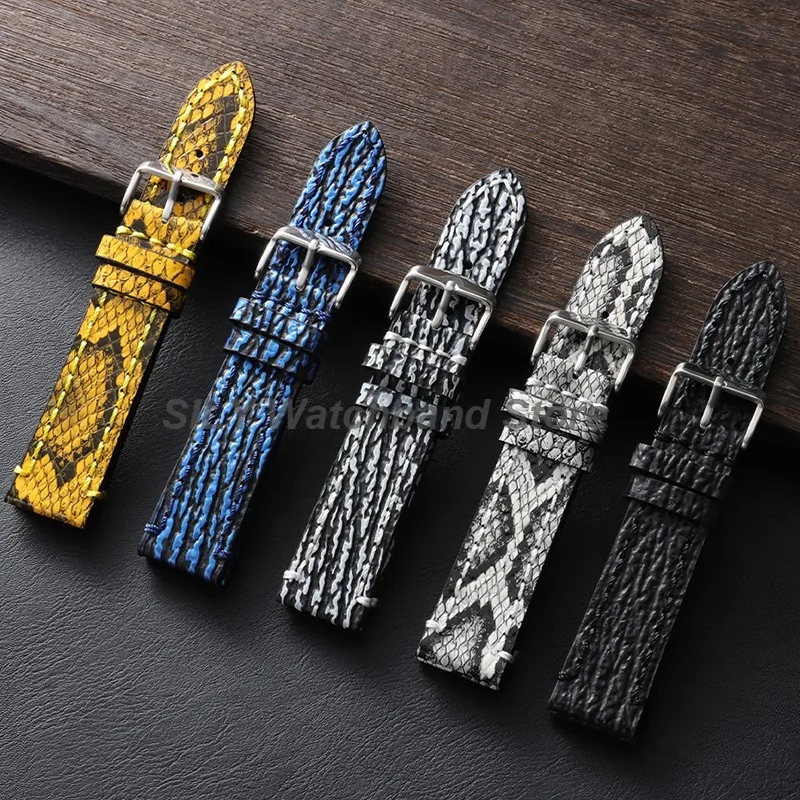 18mm 20mm 22mm Handmade Genuine Leather Watchband Embossed Snake Shark Skin Pattern Bracelet Vintage Cowhide Men Strap Wristbelt
