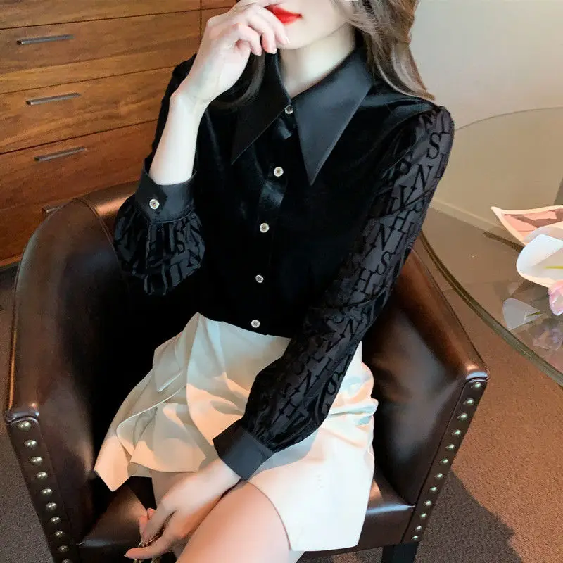 Autumn Women\'s Large Pointed Collar Patchwork Button Letter Printing Slim Cardigan Fashion Office Lady Long Sleeve Chic Shirt