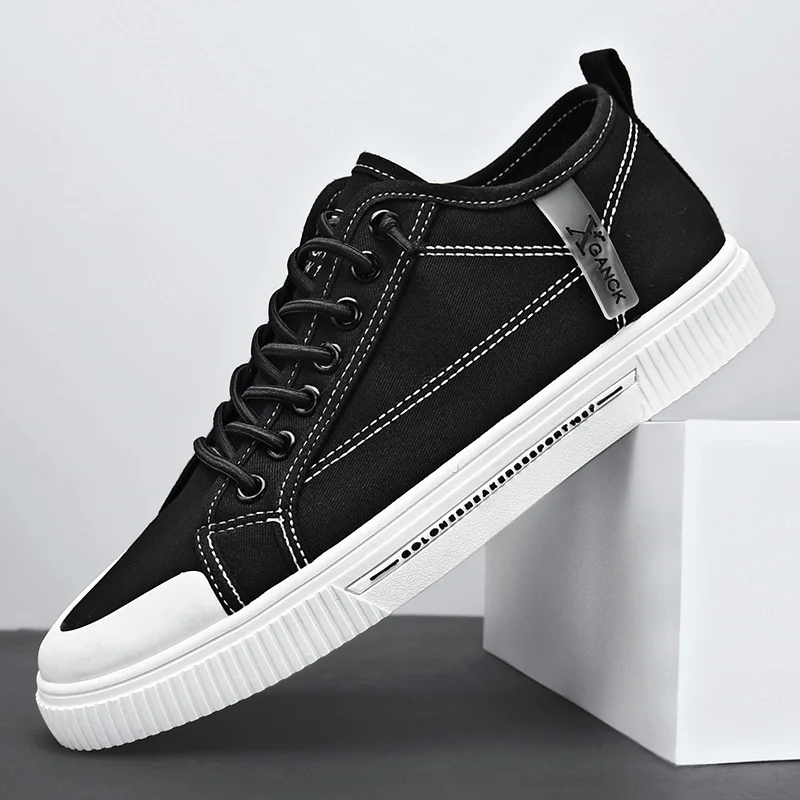 

Flat Shoes, Men's Black Thick Soled Sports Shoes, Lace Up Skateboarding Shoes, Breathable Canvas Low Cut Casual Walking School