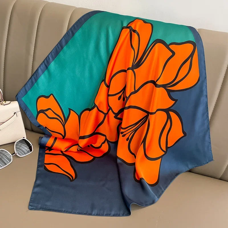 الفاخرة الحرير وشاح مربع المرأة الأزهار طباعة لينة الساتان هيرباند منديل الحجاب الإناث عقال فولارد حقيبة أشرطة منديل #4