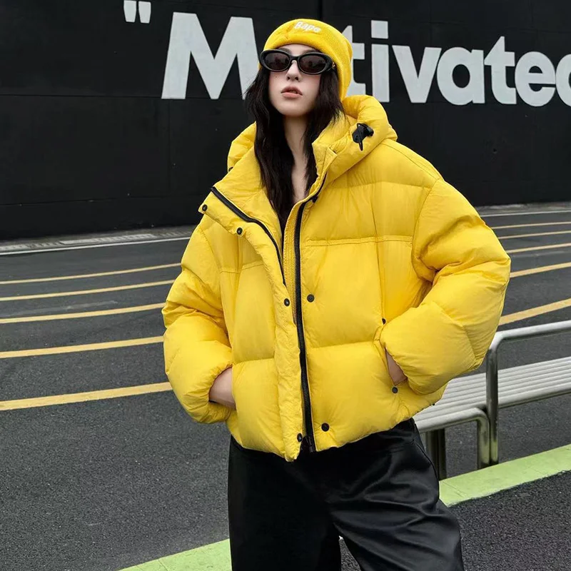 

New Women White Duck Down Parka Thickened Fashion Winter Puffer Down Jacket with Hood Loose Warm Overcoat Bread Coat