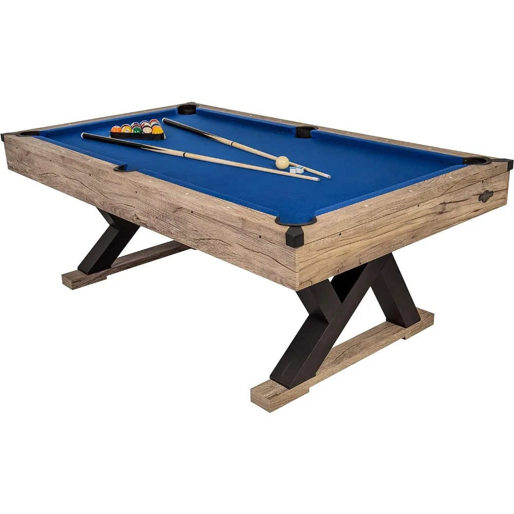 Mesa de billar American Legend Kirkwood 84 "con acabado Rubio rústico, patas en forma de K y tela azul real