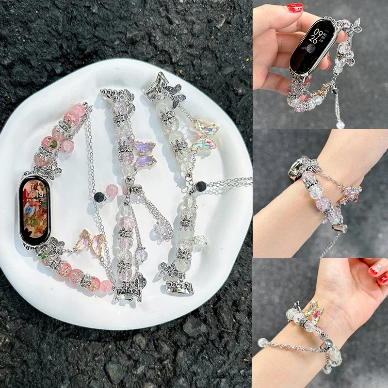 

Luxury Agate Beaded Bracelet for Xiaomi Mi Band 9 8 7 6 5 Women Jewels Watch Strap for Miband 7 8 Pro Handmade Butterfly Pendant