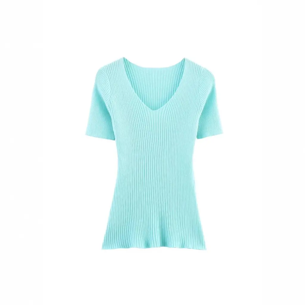 

Summer Casual Women's Knitted Top European And American Style Mid-Length with Vertical Stripes Solid Color Short Sleeves